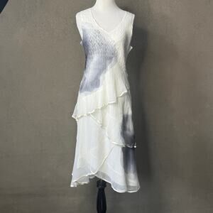Komarov Womens M White Gray Watercolor Tiered Asymmetrical Midi Dress USA Made